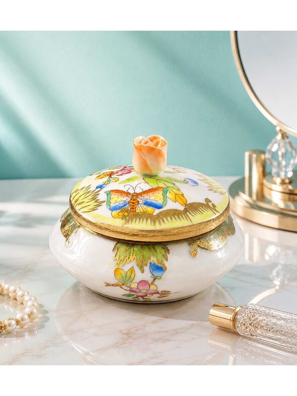 Herend Hungary 1960s Trinket Box Queen Victoria Butterfly Floral Porcelain, 2x2”